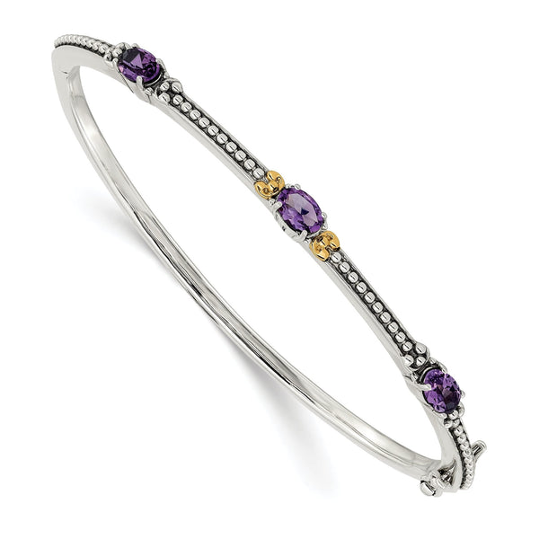 Sterling Silver 14K Gold Accent Amethyst Bangle with Vintage Elegance