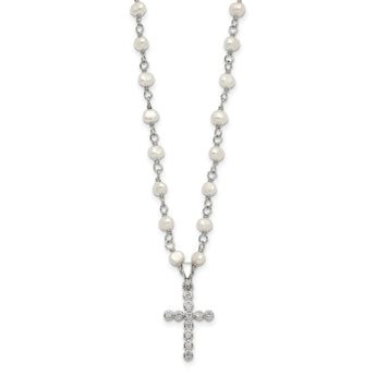 Sterling Silver Pearl CZ Cross Necklace with Rhodium-Plated Chain