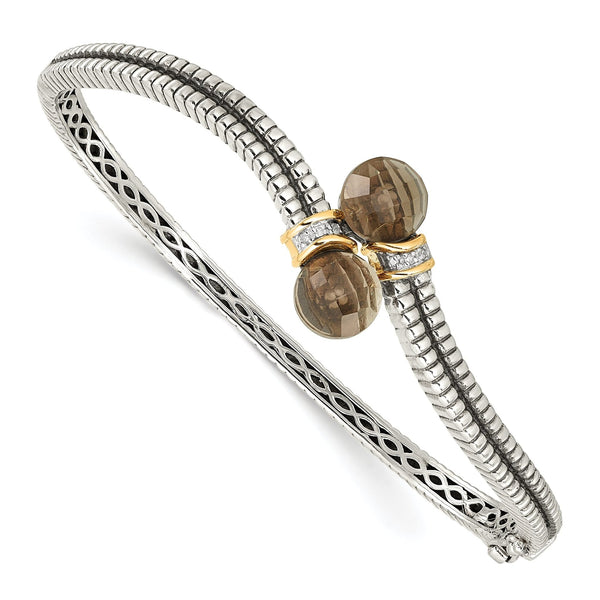 Sterling Silver 14K Gold Smoky Quartz Diamond Bangle Bracelet Vintage Elegance