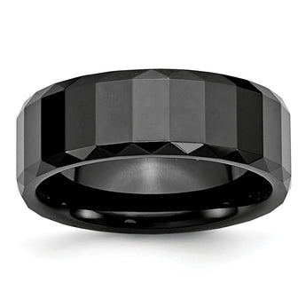 Ceramic Black Faceted 8mm Polished Beveled Edge Band