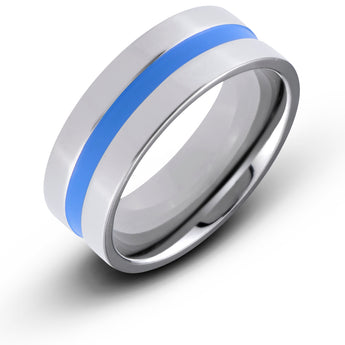 Titanium 8mm Flat Blue Grooved Center Line Polished Comfort Fit Wedding Band - Birthstone Company