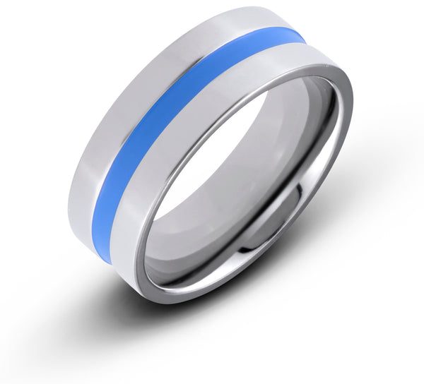 Titanium 8mm Flat Blue Grooved Center Line Polished Comfort Fit Wedding Band - Birthstone Company