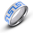 Titanium 8mm Flat Band With A Blue Grooved Greek Key Pattern Polished Comfort Fit Wedding BandSize 4) - Birthstone Company