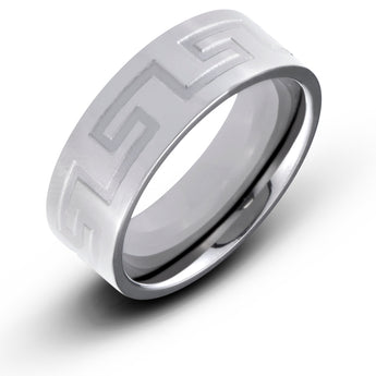 Titanium 8mm Flat Band With A Grooved Greek Key Pattern Polished Comfort Fit Wedding Band - Birthstone Company