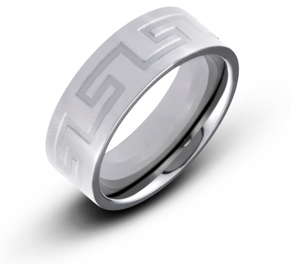 Titanium 8mm Flat Band With A Grooved Greek Key Pattern Polished Comfort Fit Wedding Band - Birthstone Company
