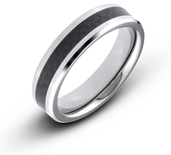 6MM Men's Titanium Beveled Edge Ring Wedding Band With Black Carbon Fiber Inlay - Birthstone Company