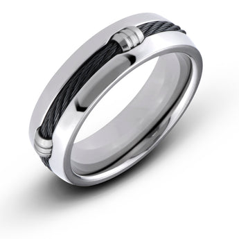 7MM Men's Titanium Black Cable Barrel Ring Wedding Band Comfort Fit - Birthstone Company