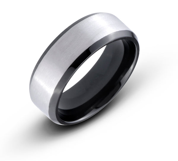 Brushed Titanium Wedding Band with Black Beveled Edge Comfort Fit Ring - Birthstone Company