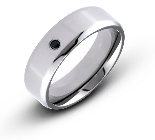 7MM Beveled Black CZ Diamond Titanium Wedding Band Ring - Birthstone Company
