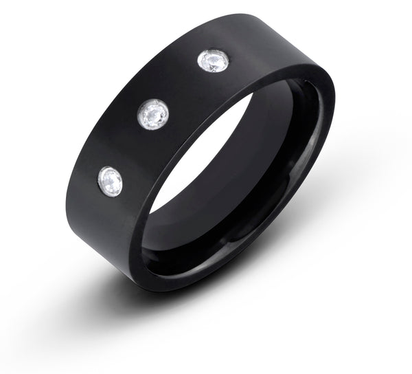 7MM Brush Finish Black CZ Diamond Titanium Wedding Band Ring - Birthstone Company