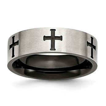 Stainless Steel 7mm Black IP-plated Crosses Brushed/Polished Band