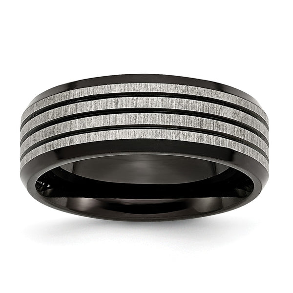 Stainless Steel Striped 8mm Black IP-plated Brushed/Polished Band