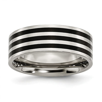 Stainless Steel 8mm Black IP-plated Striped Polished Band