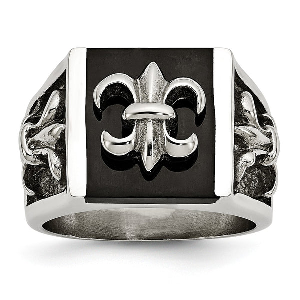Stainless Steel Polished Black IP Plated Fleur de lis Ring