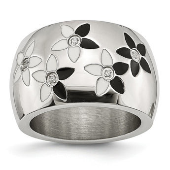 Stainless Steel Black & White Enamel Flowers w/CZ Ring