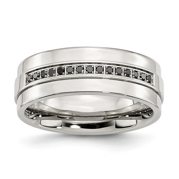 Stainless Steel Polished & Black Diamonds 8mm Band