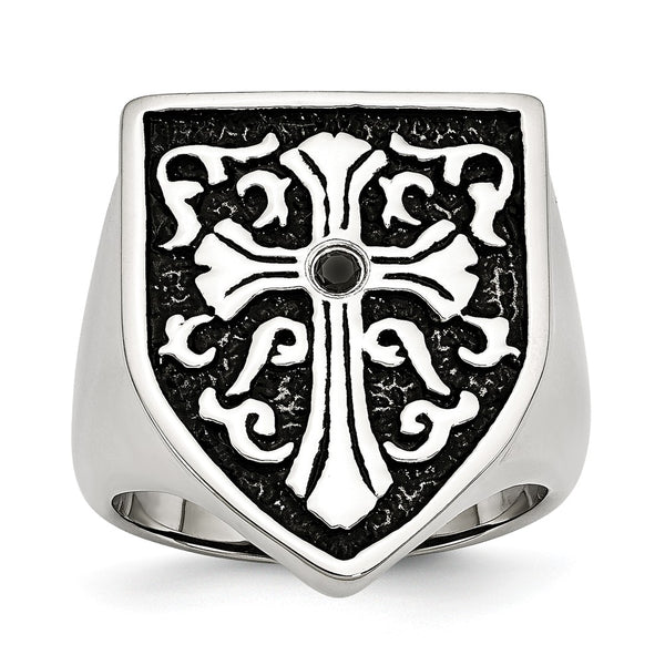 Stainless Steel Cross w/Black Diamond Antiqued Shield Ring
