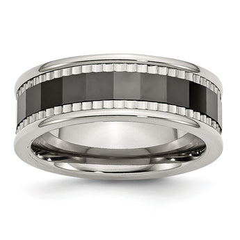 Stainless Steel w/Sawtooth Accent/Black Ceramic Center Faceted Band