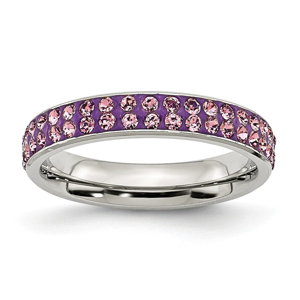 Stainless Steel 4mm Polished Light Purple Crystal Ring