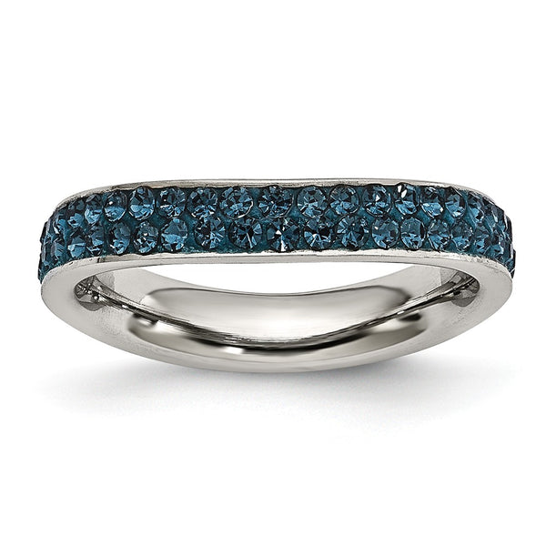 Stainless Steel 4mm Polished Blue Crystal Wavy Ring