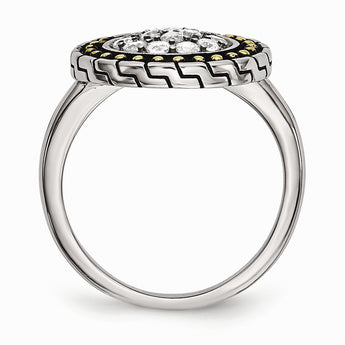 Stainless Steel CZ with Yellow IP-plated Accent Antiqued Ring