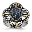 Stainless Steel Blue Glass with Yellow IP-plated Accent Antiqued Ring
