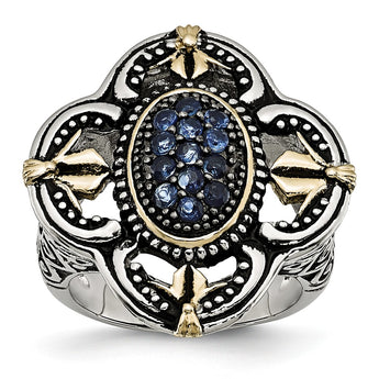 Stainless Steel Blue Glass with Yellow IP-plated Accent Antiqued Ring