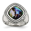 Stainless Steel Antiqued and Polished Synthetic Abalone Ring