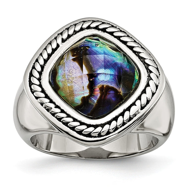 Stainless Steel Antiqued and Polished Synthetic Abalone Ring