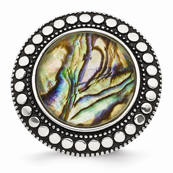 Stainless Steel Polished and Antiqued Imitation Abalone Ring