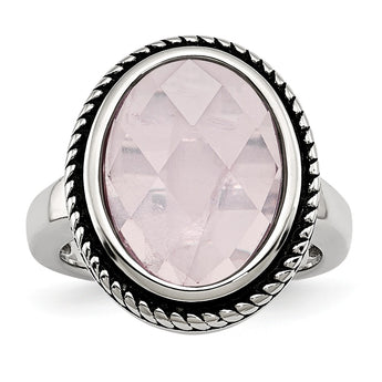 Stainless Steel Polished and Antiqued Rose Quartz Ring