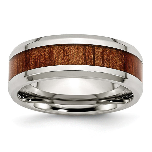 Stainless Steel Polished Red/Orange Wood Enameled 8.00mm Ring