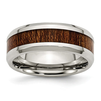 Stainless Steel Polished Brown Wood Inlay Enameled 8.00mm Ring