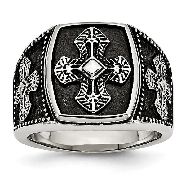 Stainless Steel Polished and Antiqued Cross Ring