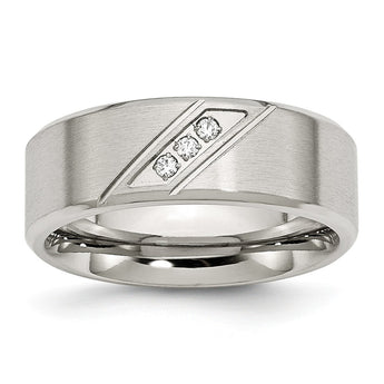 Stainless Steel Polished and Brushed CZ 8mm Beveled Edge Band