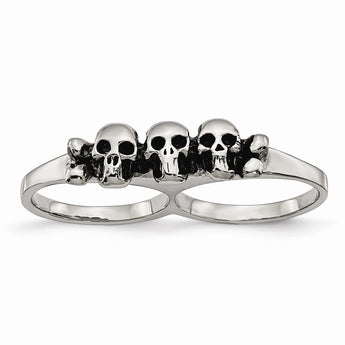 Stainless Steel Polished & Antiqued Two Finger Skulls Ring