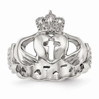 Stainless Steel Polished Claddagh with Cross Ring