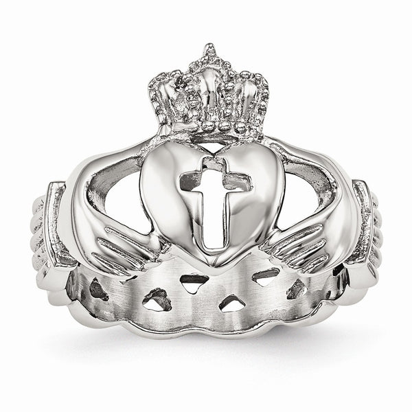 Stainless Steel Polished Claddagh with Cross Ring