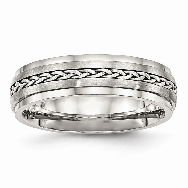 Stainless Steel Polished & Brushed w/Silver Braid Inlay Ring