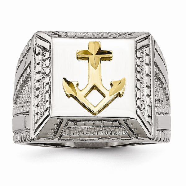 Stainless Steel Polished Yellow IP-plated w/ Sterling Silver Anchor Ring