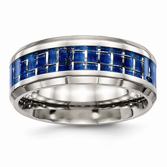 Stainless Steel Polished Blue/White Carbon Fiber Inlay Ring