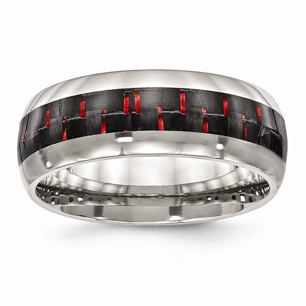 Stainless Steel Polished Black/Red Carbon Fiber Inlay Ring