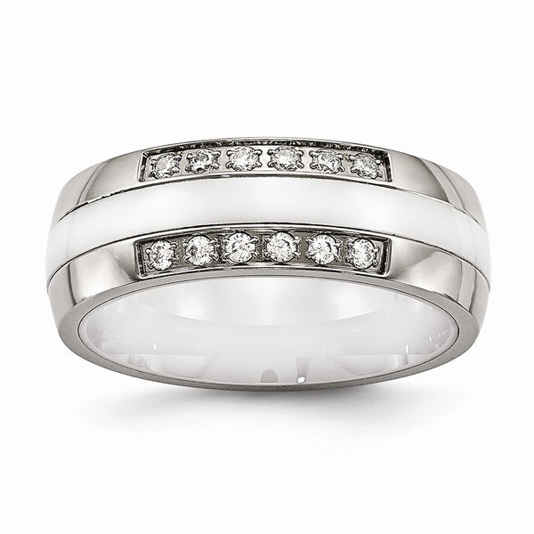 Stainless Steel Polished White Ceramic CZ Ring