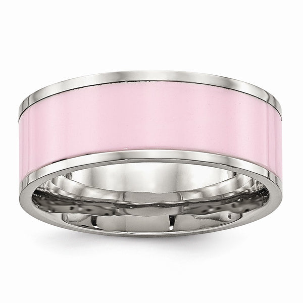 Stainless Steel Polished Pink Ceramic Ring