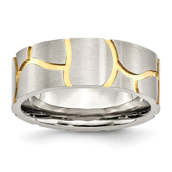 Stainless Steel Grooved Yellow IP-plated Mens 8mm Brushed Band