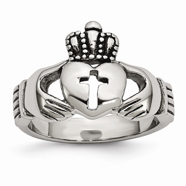 Stainless Steel Polished Antiqued Claddagh with Cross Ring