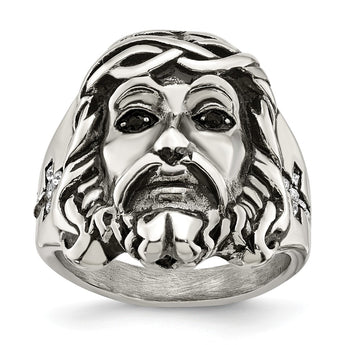 Stainless Steel Antiqued and Polished w/Black & White Crystal Jesus Ring