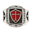 Stainless Steel Antiqued and Polished w/Red Enamel Cross/Shield Ring