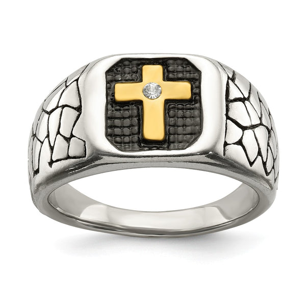 Stainless Steel Antiqued & Polished Yellow IP-plated w/Crystal Cross Ring