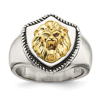 Stainless Steel w/14k Accent Antiqued & Polished Lion on Shield Ring